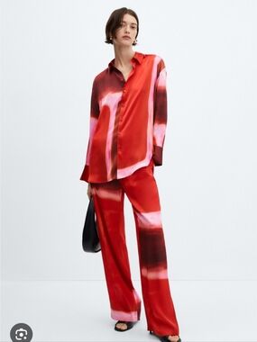 MANGO Red Pink Satin Tie-Dye Wide Leg Pants Boho Festival Resort Wear